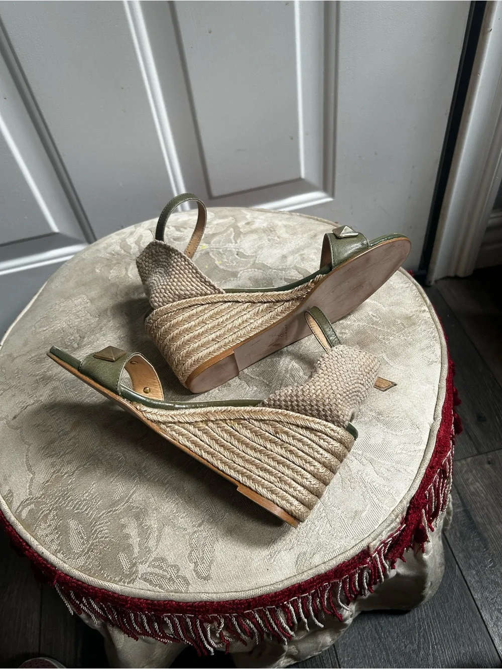 Venise Collection Olive Green Espadrille Wedge Sandals with Ankle Strap Sz 38